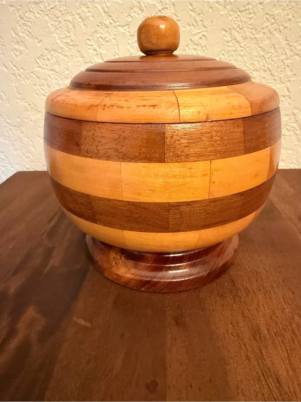 Vintage MCM Segmented Wooden Jar Container w/ Lid Trinket Pedestal Box Decor